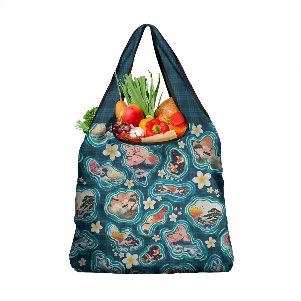 Hawaiian and Japanese Culture Together Grocery Bag Hawaiian Island Shapes with Japanese Landscape Teal Color LT03 1-pack One Size Teal - Polynesian Pride