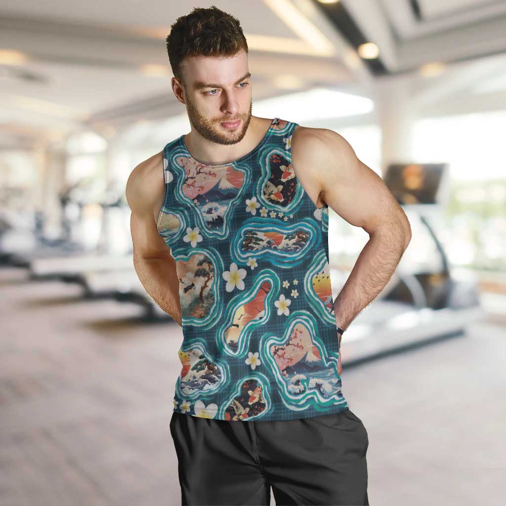 Hawaiian and Japanese Culture Together Men Tank Top Hawaiian Island Shapes with Japanese Landscape Teal Color LT03 Teal - Polynesian Pride