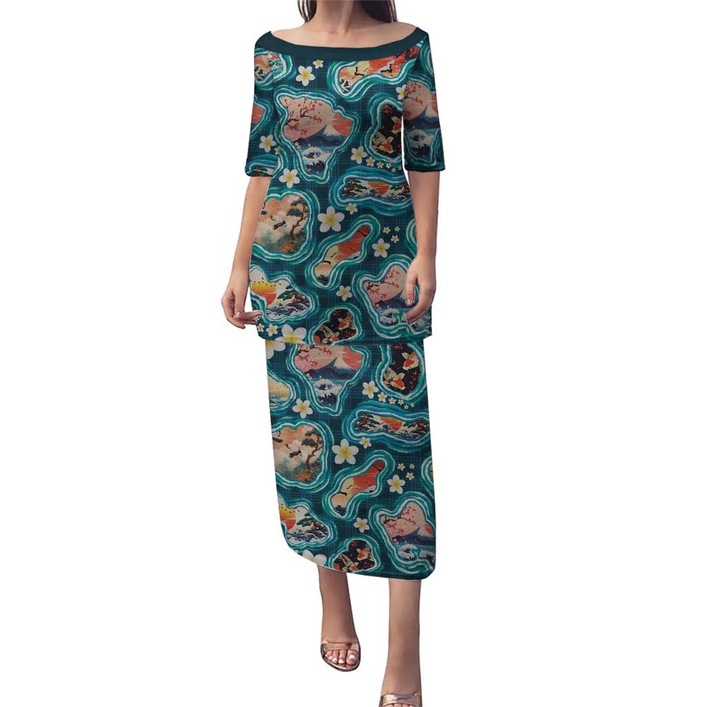 Hawaiian and Japanese Culture Together Puletasi Hawaiian Island Shapes with Japanese Landscape Teal Color LT03 Long Dress Teal - Polynesian Pride