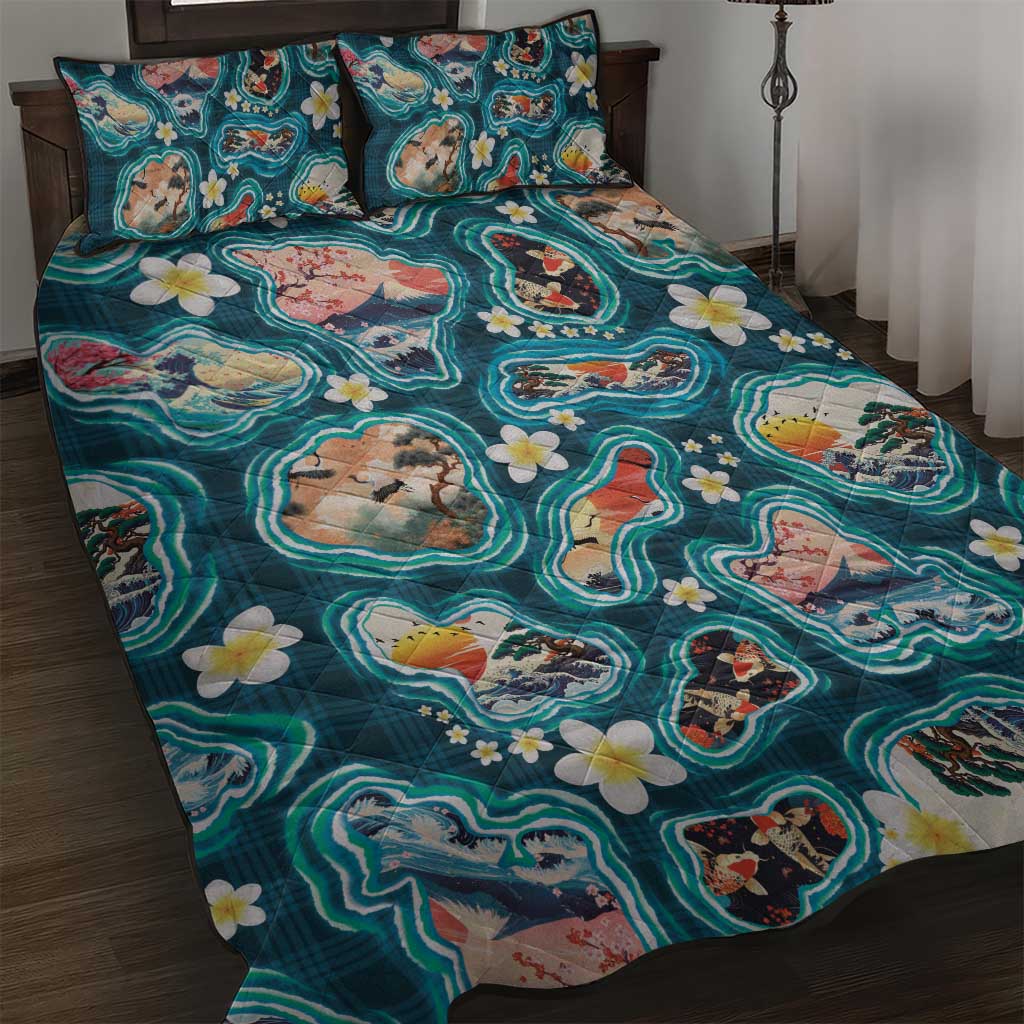 Hawaiian and Japanese Culture Together Quilt Bed Set Hawaiian Island Shapes with Japanese Landscape Teal Color LT03 Teal - Polynesian Pride