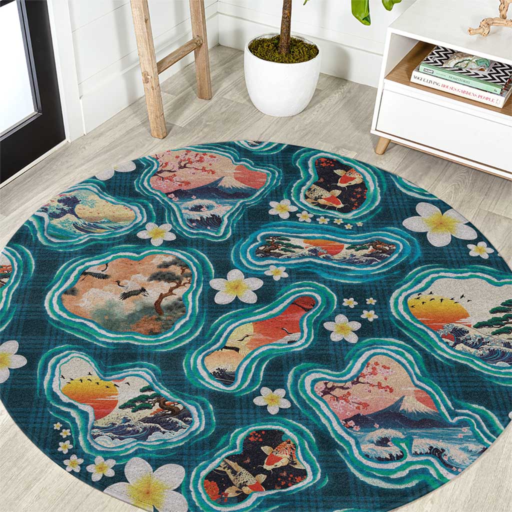 Hawaiian and Japanese Culture Together Round Carpet Hawaiian Island Shapes with Japanese Landscape Teal Color LT03 Teal - Polynesian Pride
