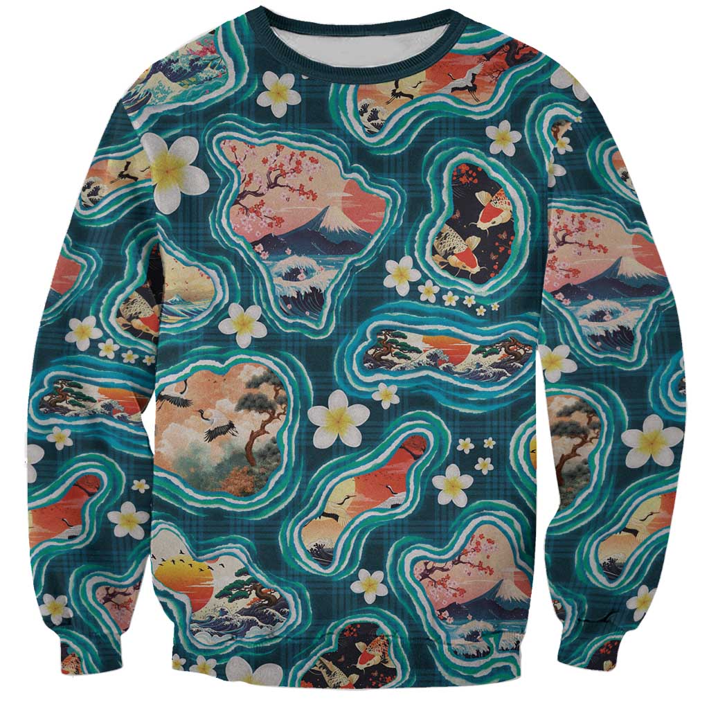 Hawaiian and Japanese Culture Together Sweatshirt Hawaiian Island Shapes with Japanese Landscape Teal Color LT03 Unisex Teal - Polynesian Pride