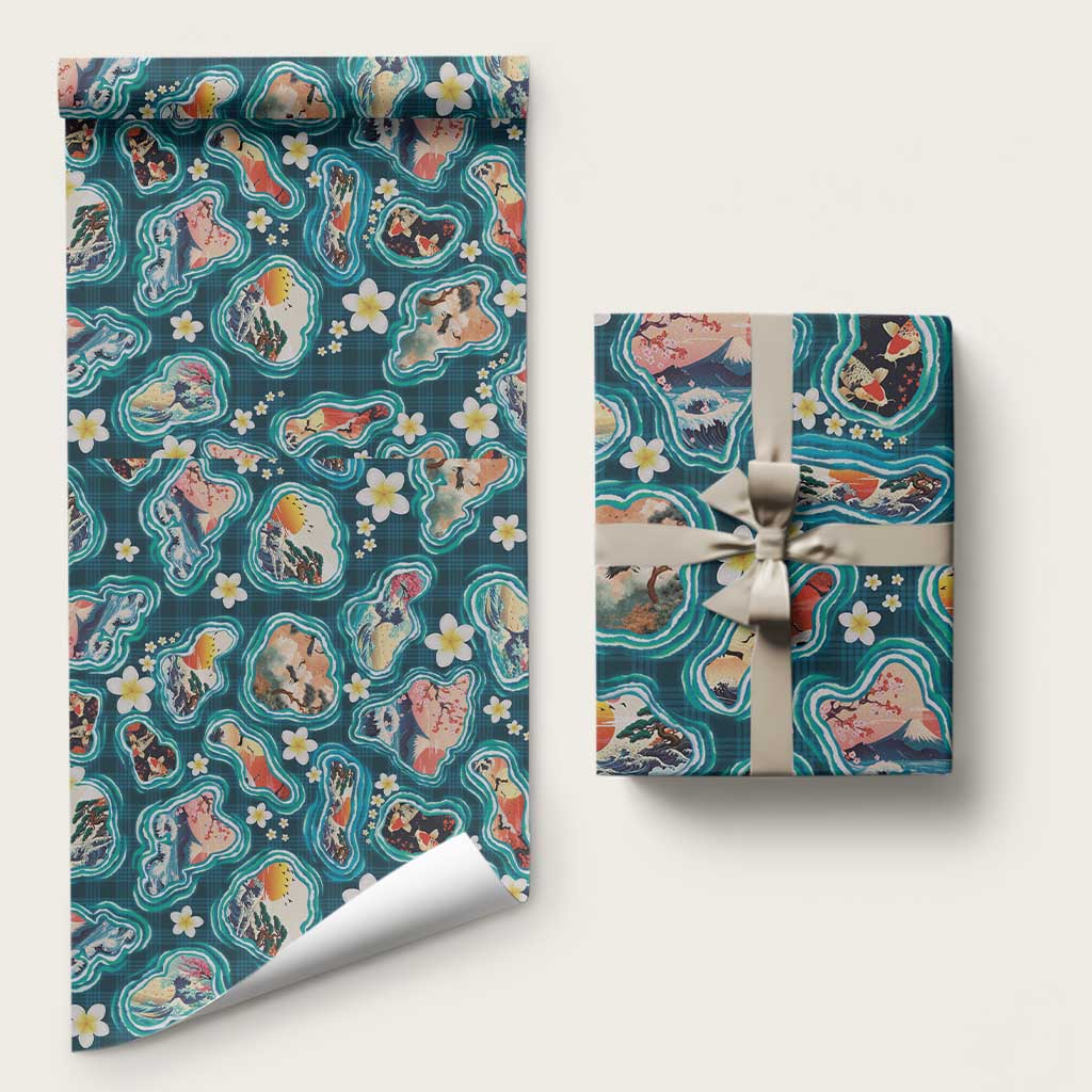 Hawaiian and Japanese Culture Together Wrapping Paper Hawaiian Island Shapes with Japanese Landscape Teal Color LT03 58" × 23" Teal - Polynesian Pride