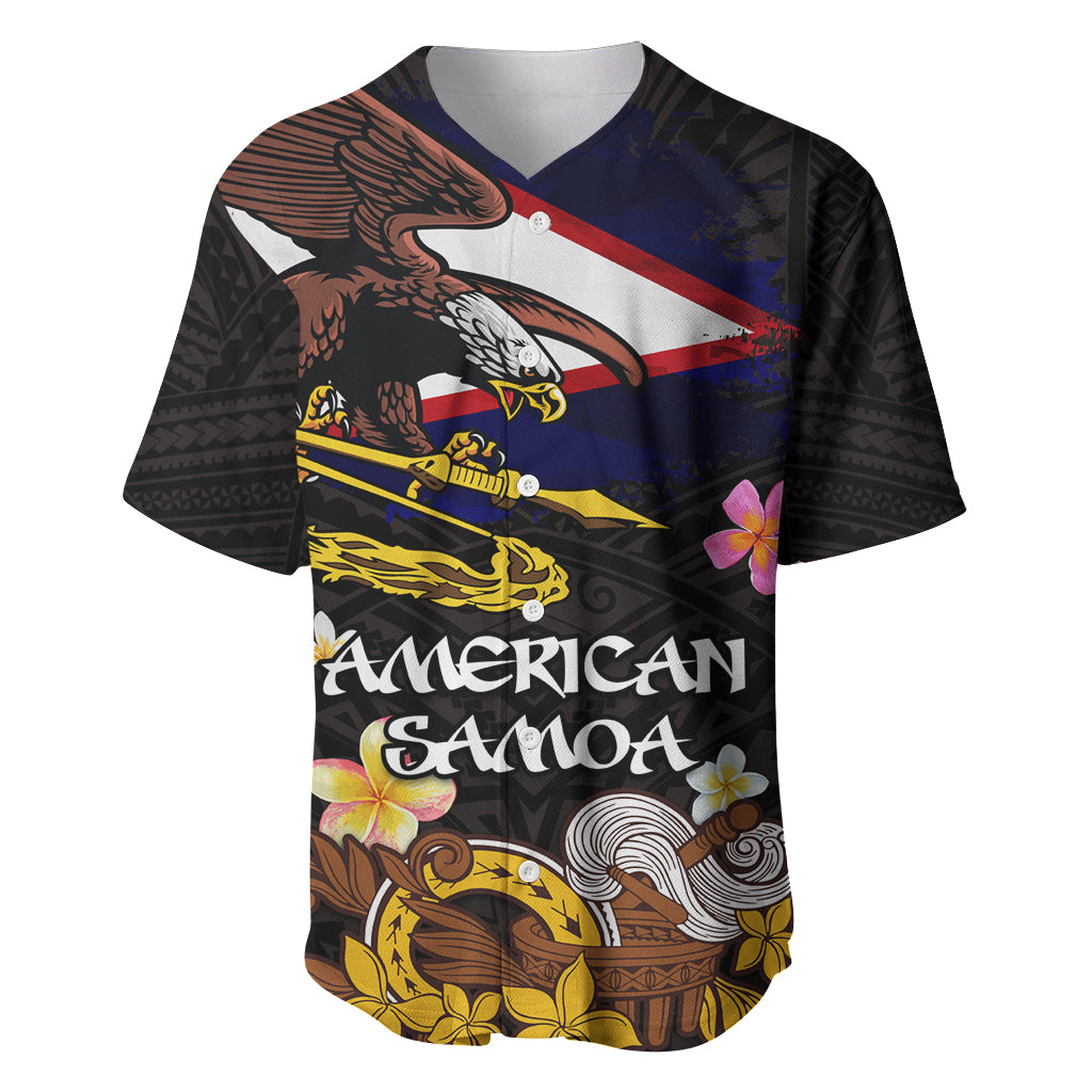 American Samoa Fue and Kava Bowl Baseball Jersey Plumeria and Polynesian Pattern LT03 Black - Polynesian Pride