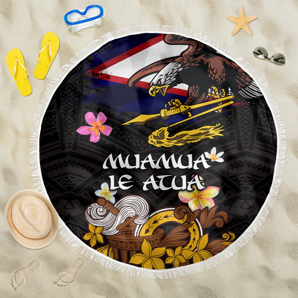 American Samoa Fue and Kava Bowl Beach Blanket Plumeria and Polynesian Pattern LT03 One Size 150cm Black - Polynesian Pride