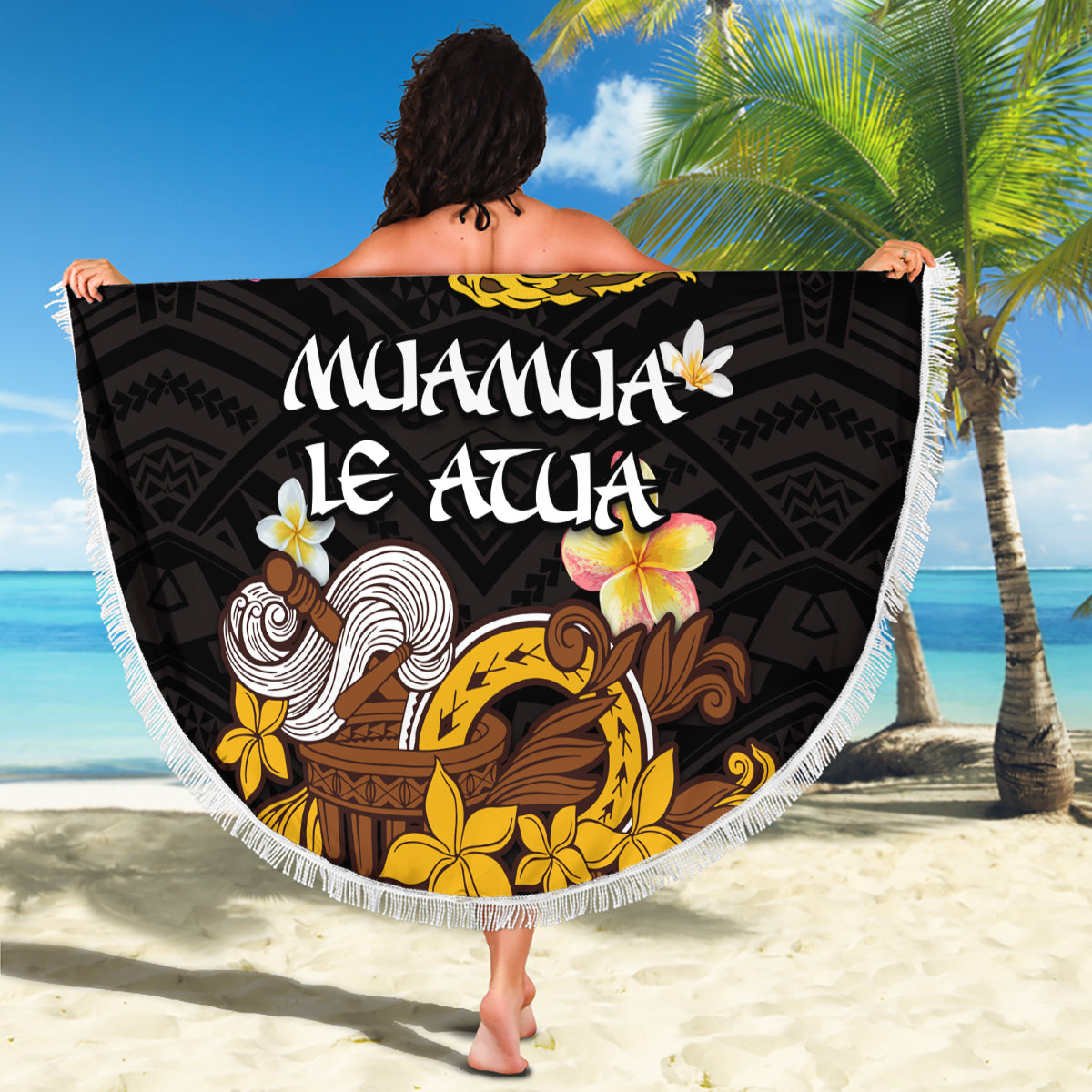 American Samoa Fue and Kava Bowl Beach Blanket Plumeria and Polynesian Pattern LT03 - Polynesian Pride
