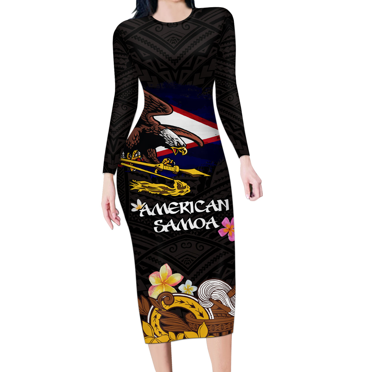 American Samoa Fue and Kava Bowl Long Sleeve Bodycon Dress Plumeria and Polynesian Pattern LT03 Long Dress Black - Polynesian Pride