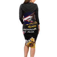 American Samoa Fue and Kava Bowl Long Sleeve Bodycon Dress Plumeria and Polynesian Pattern LT03 - Polynesian Pride