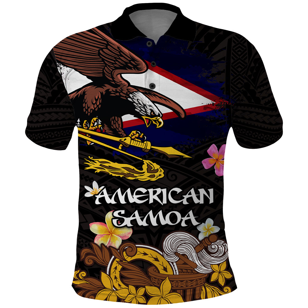 American Samoa Fue and Kava Bowl Polo Shirt Plumeria and Polynesian Pattern LT03 Black - Polynesian Pride