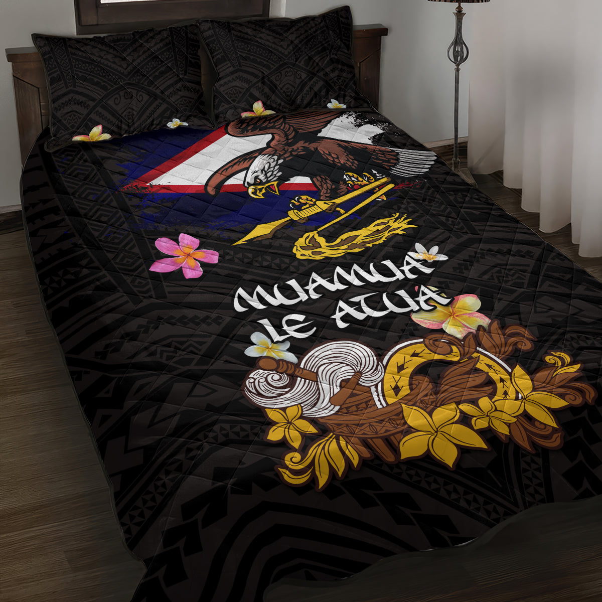 American Samoa Fue and Kava Bowl Quilt Bed Set Plumeria and Polynesian Pattern LT03 Black - Polynesian Pride
