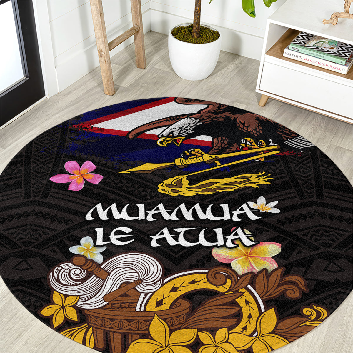 American Samoa Fue and Kava Bowl Round Carpet Plumeria and Polynesian Pattern LT03 Black - Polynesian Pride