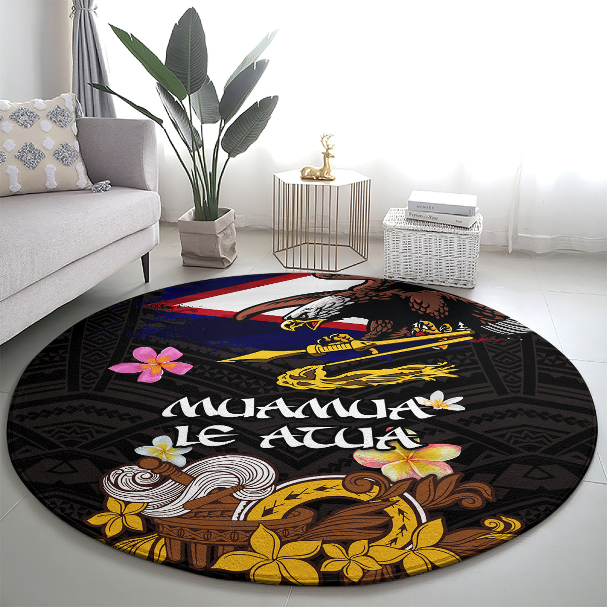 American Samoa Fue and Kava Bowl Round Carpet Plumeria and Polynesian Pattern LT03 - Polynesian Pride