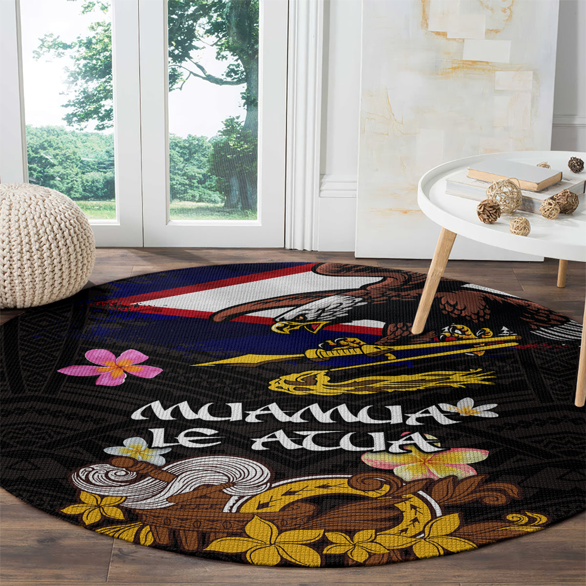 American Samoa Fue and Kava Bowl Round Carpet Plumeria and Polynesian Pattern LT03 - Polynesian Pride