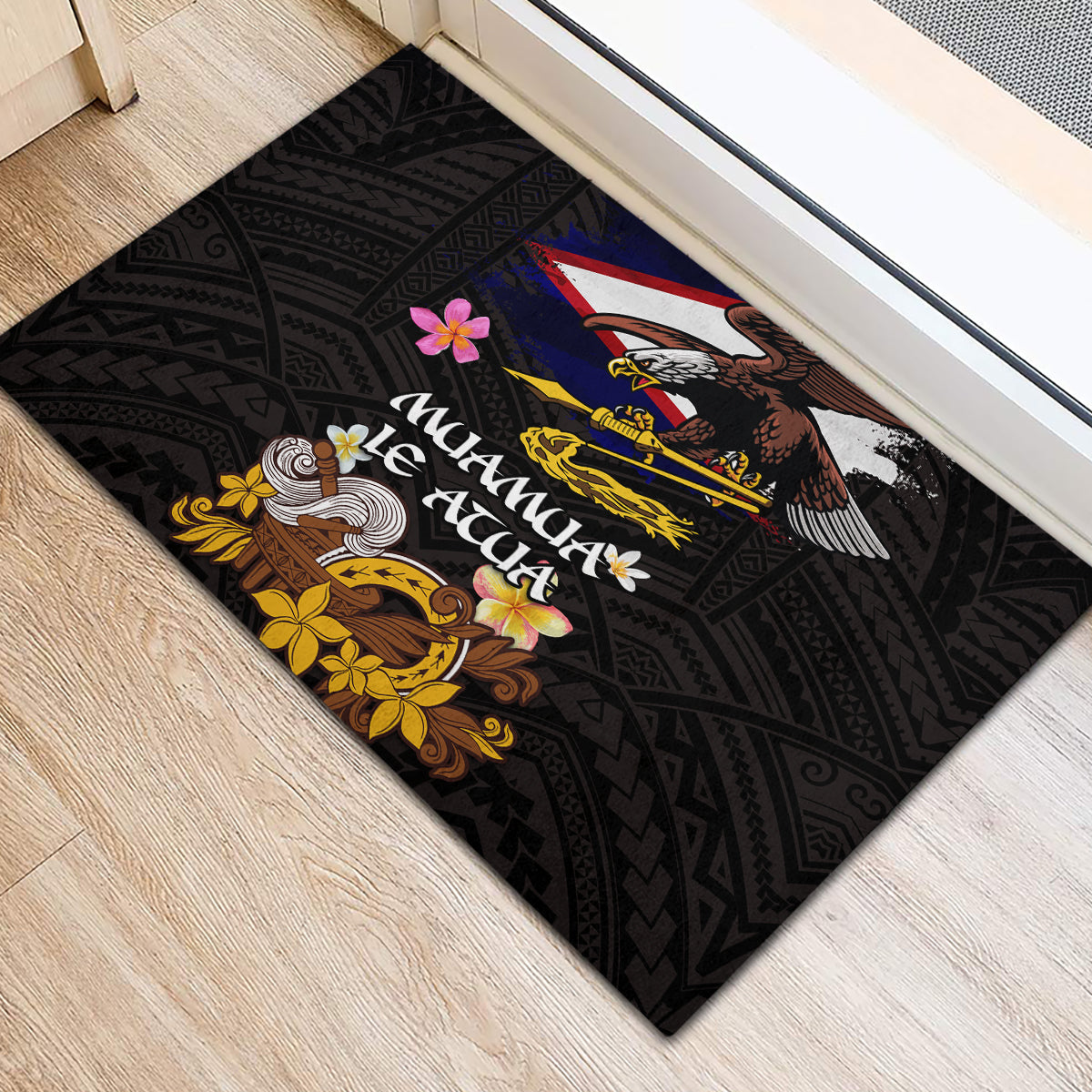 American Samoa Fue and Kava Bowl Rubber Doormat Plumeria and Polynesian Pattern LT03 - Polynesian Pride