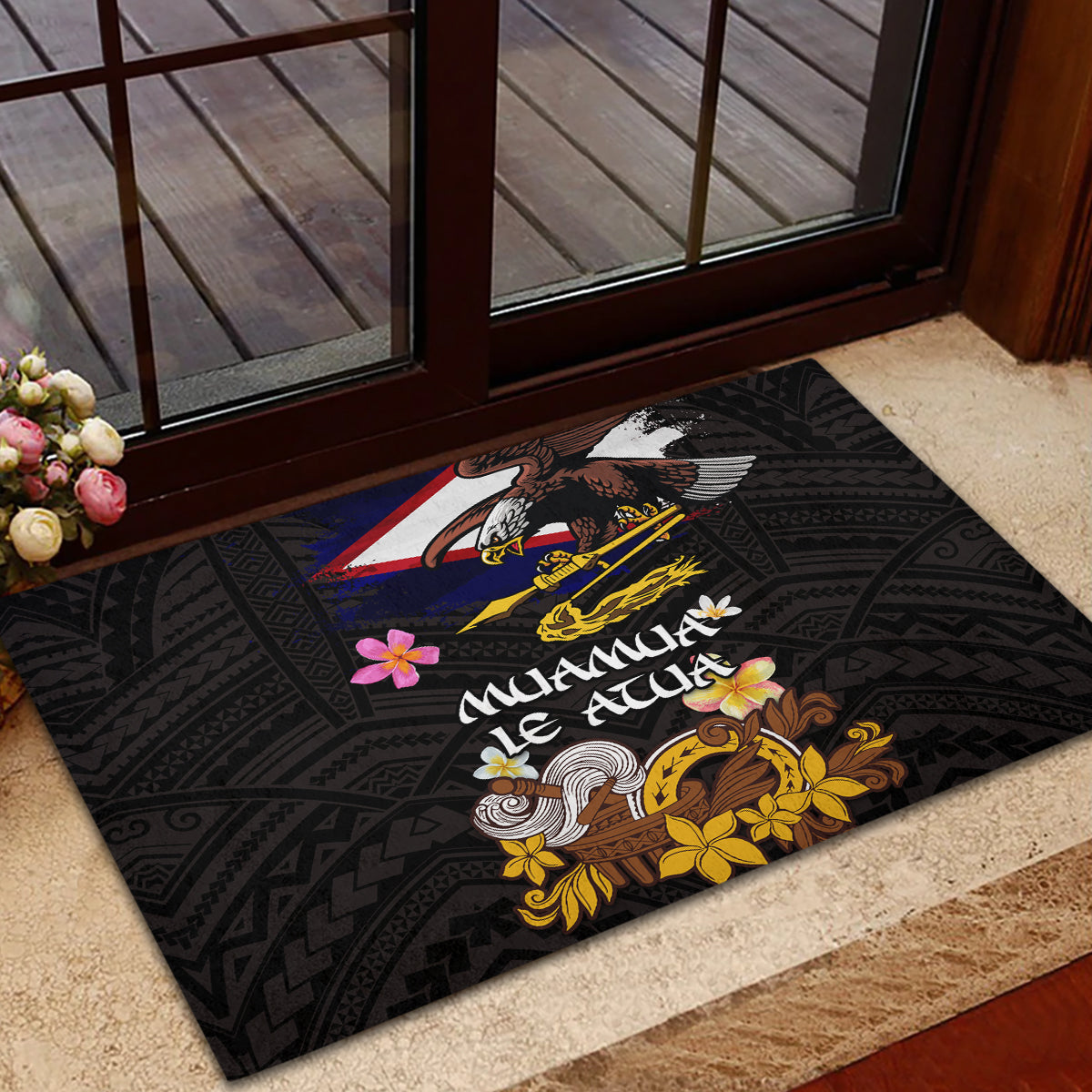 American Samoa Fue and Kava Bowl Rubber Doormat Plumeria and Polynesian Pattern LT03 - Polynesian Pride