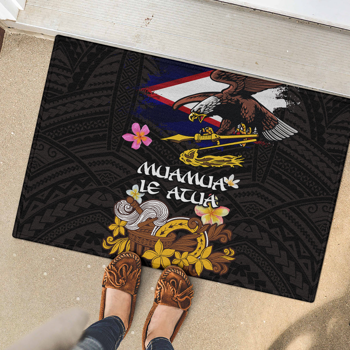 American Samoa Fue and Kava Bowl Rubber Doormat Plumeria and Polynesian Pattern LT03 - Polynesian Pride