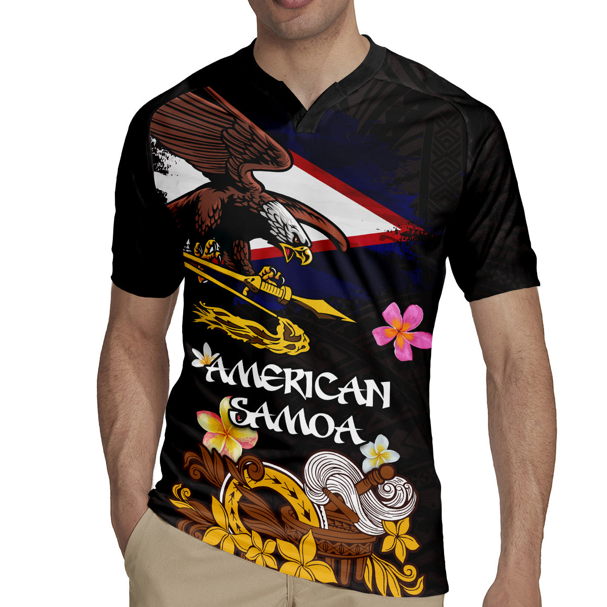 American Samoa Fue and Kava Bowl Rugby Jersey Plumeria and Polynesian Pattern LT03 - Polynesian Pride