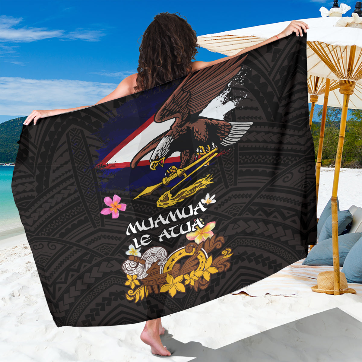American Samoa Fue and Kava Bowl Sarong Plumeria and Polynesian Pattern LT03 One Size 44 x 66 inches Black - Polynesian Pride