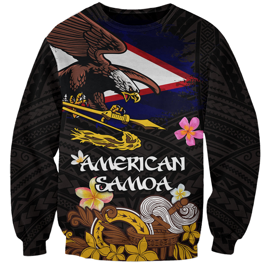 American Samoa Fue and Kava Bowl Sweatshirt Plumeria and Polynesian Pattern LT03 Unisex Black - Polynesian Pride