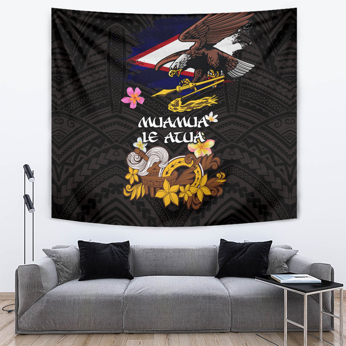 American Samoa Fue and Kava Bowl Tapestry Plumeria and Polynesian Pattern LT03 Black - Polynesian Pride
