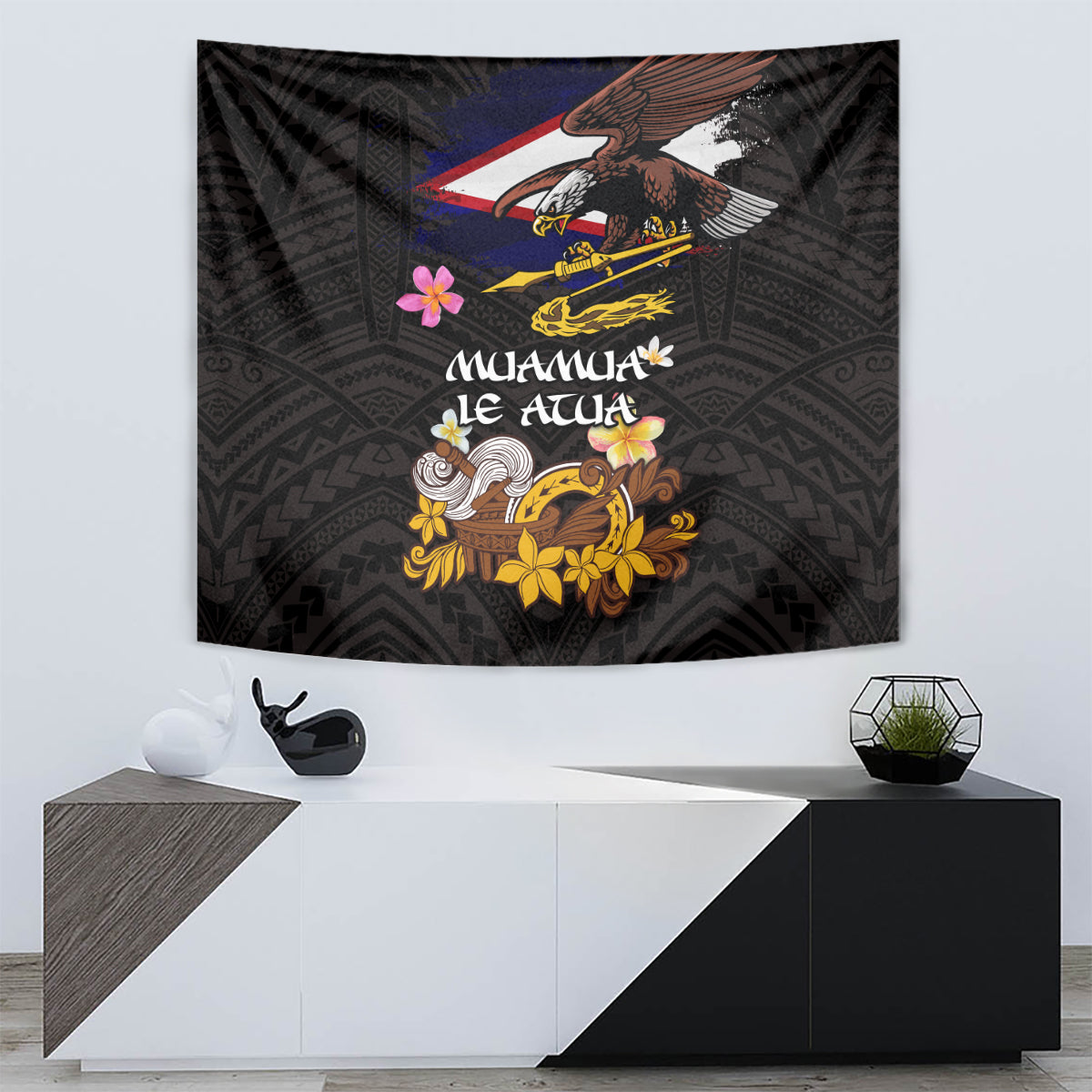 American Samoa Fue and Kava Bowl Tapestry Plumeria and Polynesian Pattern LT03 - Polynesian Pride