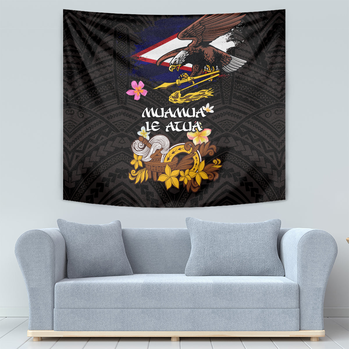 American Samoa Fue and Kava Bowl Tapestry Plumeria and Polynesian Pattern LT03 - Polynesian Pride