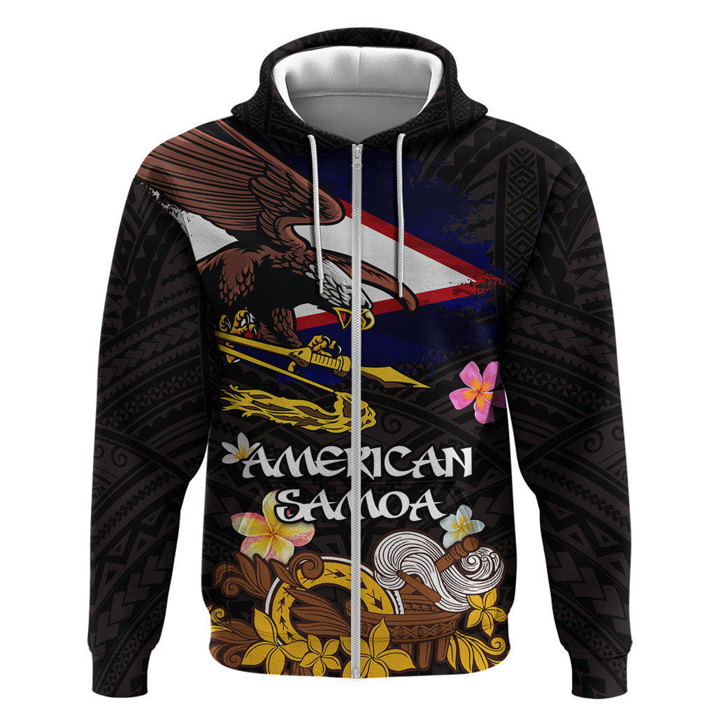 American Samoa Fue and Kava Bowl Zip Hoodie Plumeria and Polynesian Pattern LT03 Zip Hoodie Black - Polynesian Pride