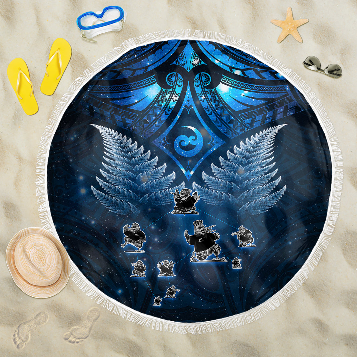 New Zealand Matariki Beach Blanket Maori Pattern and Kiwi Bird Haka Dance Sky Night LT03 One Size 150cm Blue - Polynesian Pride