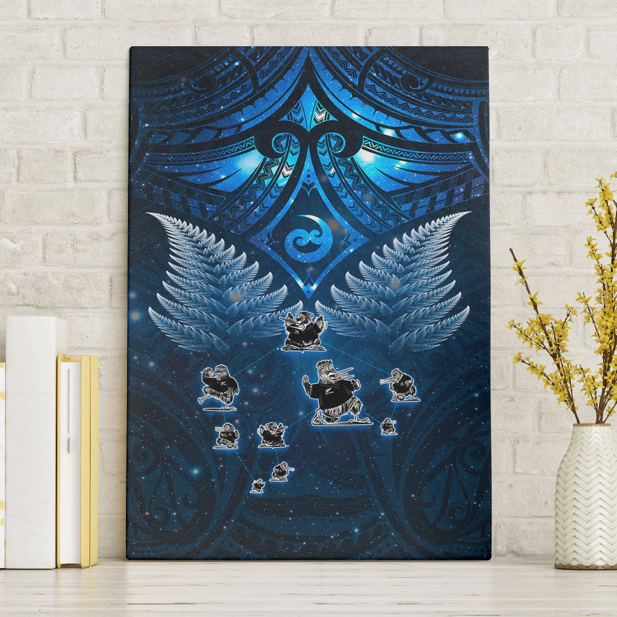 New Zealand Matariki Canvas Wall Art Maori Pattern and Kiwi Bird Haka Dance Sky Night LT03 Without Frame Blue - Polynesian Pride