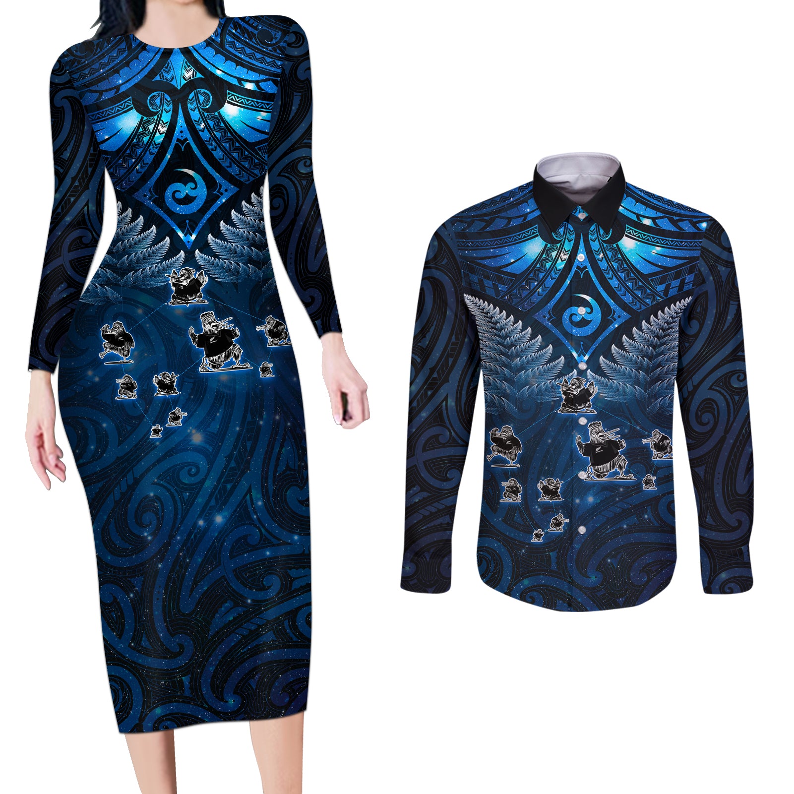 New Zealand Matariki Couples Matching Long Sleeve Bodycon Dress and Long Sleeve Button Shirt Maori Pattern and Kiwi Bird Haka Dance Sky Night