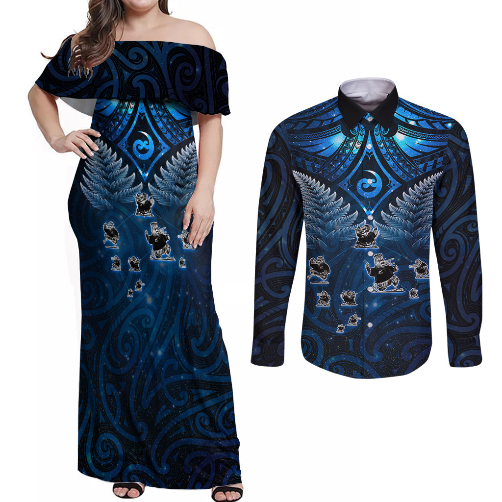 New Zealand Matariki Couples Matching Off Shoulder Maxi Dress and Long Sleeve Button Shirt Maori Pattern and Kiwi Bird Haka Dance Sky Night