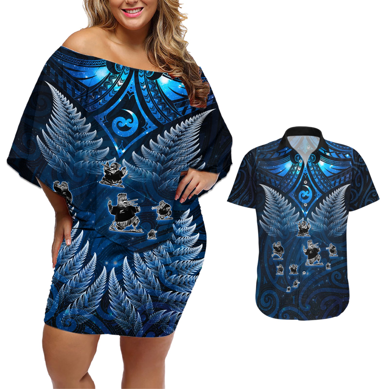 New Zealand Matariki Couples Matching Off Shoulder Short Dress and Hawaiian Shirt Maori Pattern and Kiwi Bird Haka Dance Sky Night