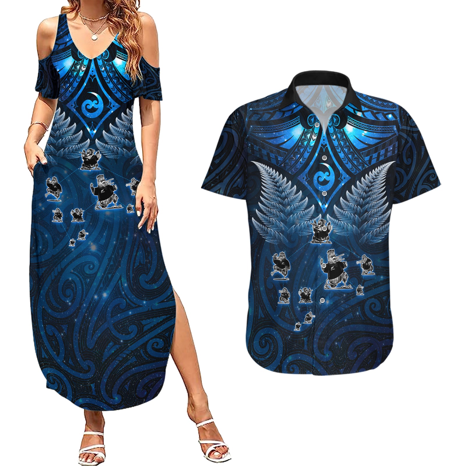 New Zealand Matariki Couples Matching Summer Maxi Dress and Hawaiian Shirt Maori Pattern and Kiwi Bird Haka Dance Sky Night