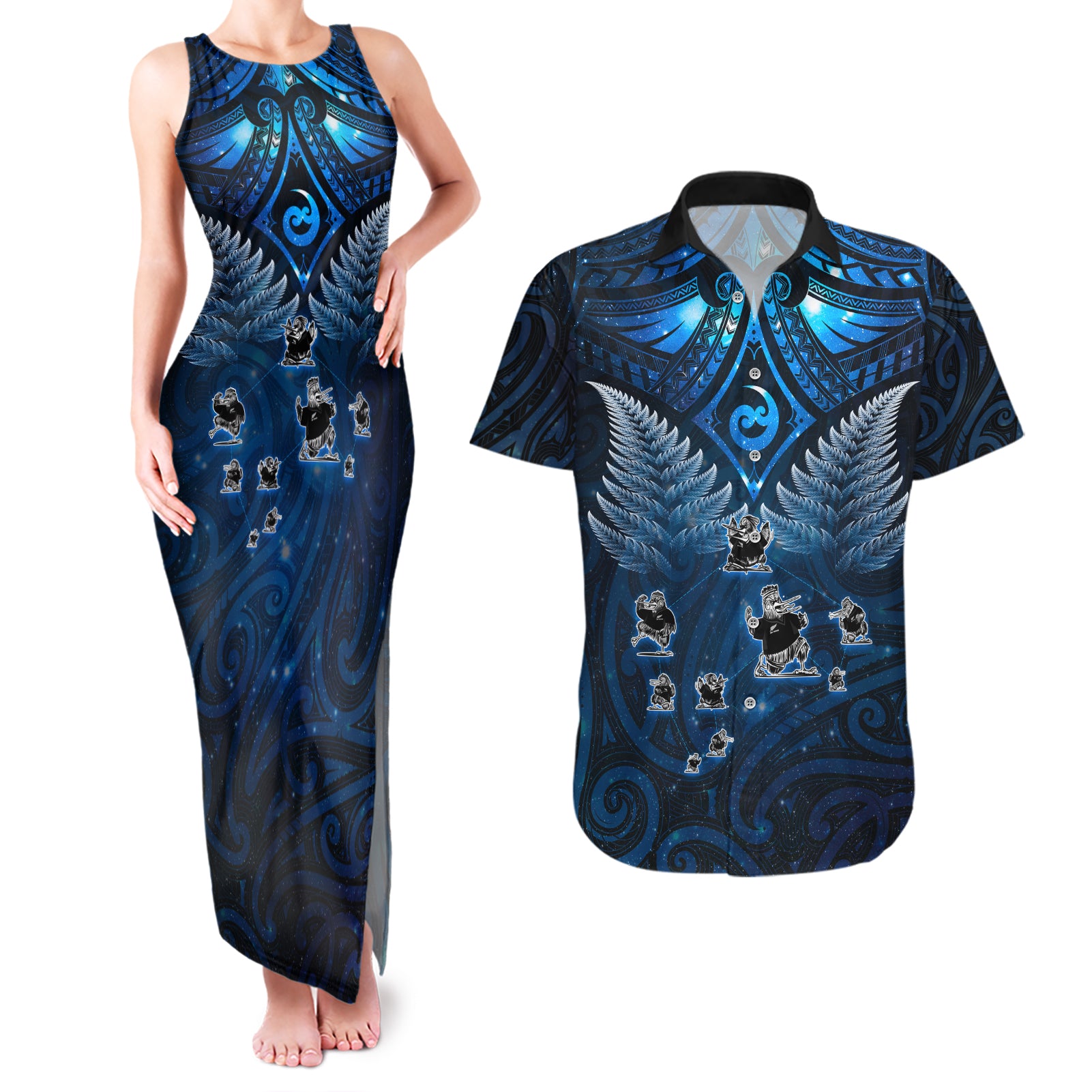 New Zealand Matariki Couples Matching Tank Maxi Dress and Hawaiian Shirt Maori Pattern and Kiwi Bird Haka Dance Sky Night