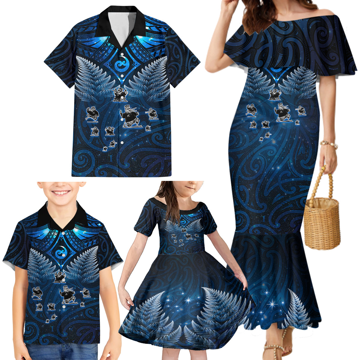 New Zealand Matariki Family Matching Mermaid Dress and Hawaiian Shirt Maori Pattern and Kiwi Bird Haka Dance Sky Night