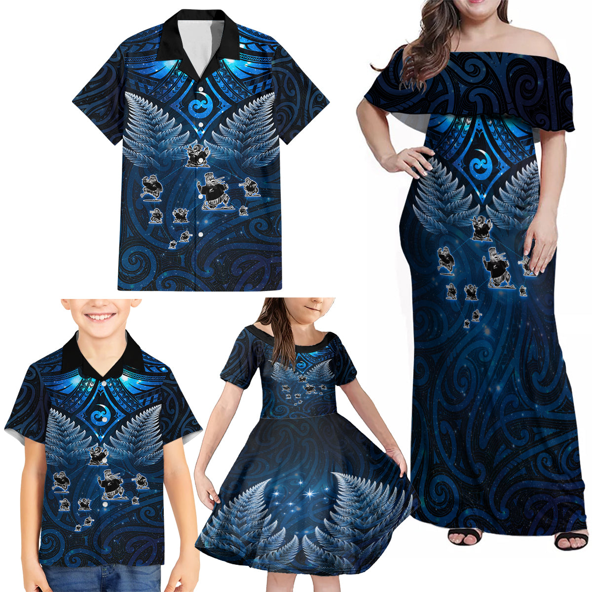 New Zealand Matariki Family Matching Off Shoulder Maxi Dress and Hawaiian Shirt Maori Pattern and Kiwi Bird Haka Dance Sky Night