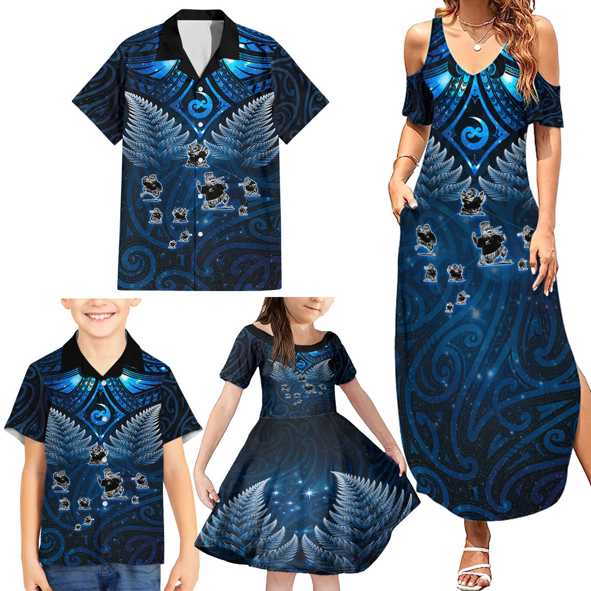 New Zealand Matariki Family Matching Summer Maxi Dress and Hawaiian Shirt Maori Pattern and Kiwi Bird Haka Dance Sky Night