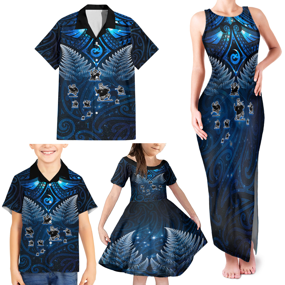 New Zealand Matariki Family Matching Tank Maxi Dress and Hawaiian Shirt Maori Pattern and Kiwi Bird Haka Dance Sky Night