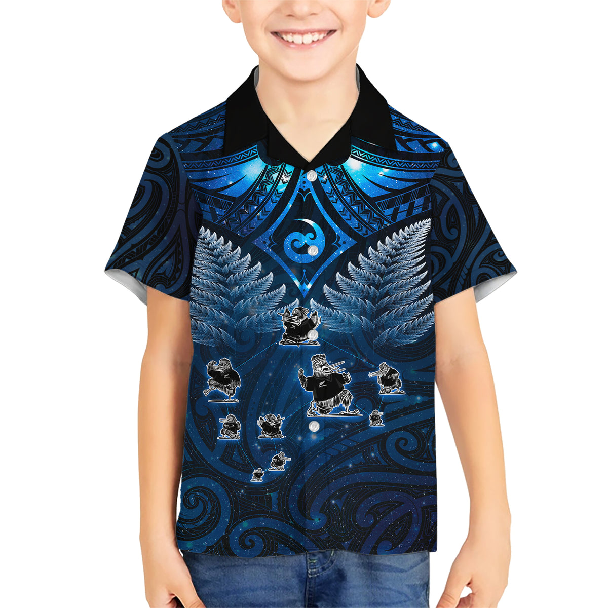 New Zealand Matariki Kid Hawaiian Shirt Maori Pattern and Kiwi Bird Haka Dance Sky Night LT03 Kid Blue - Polynesian Pride