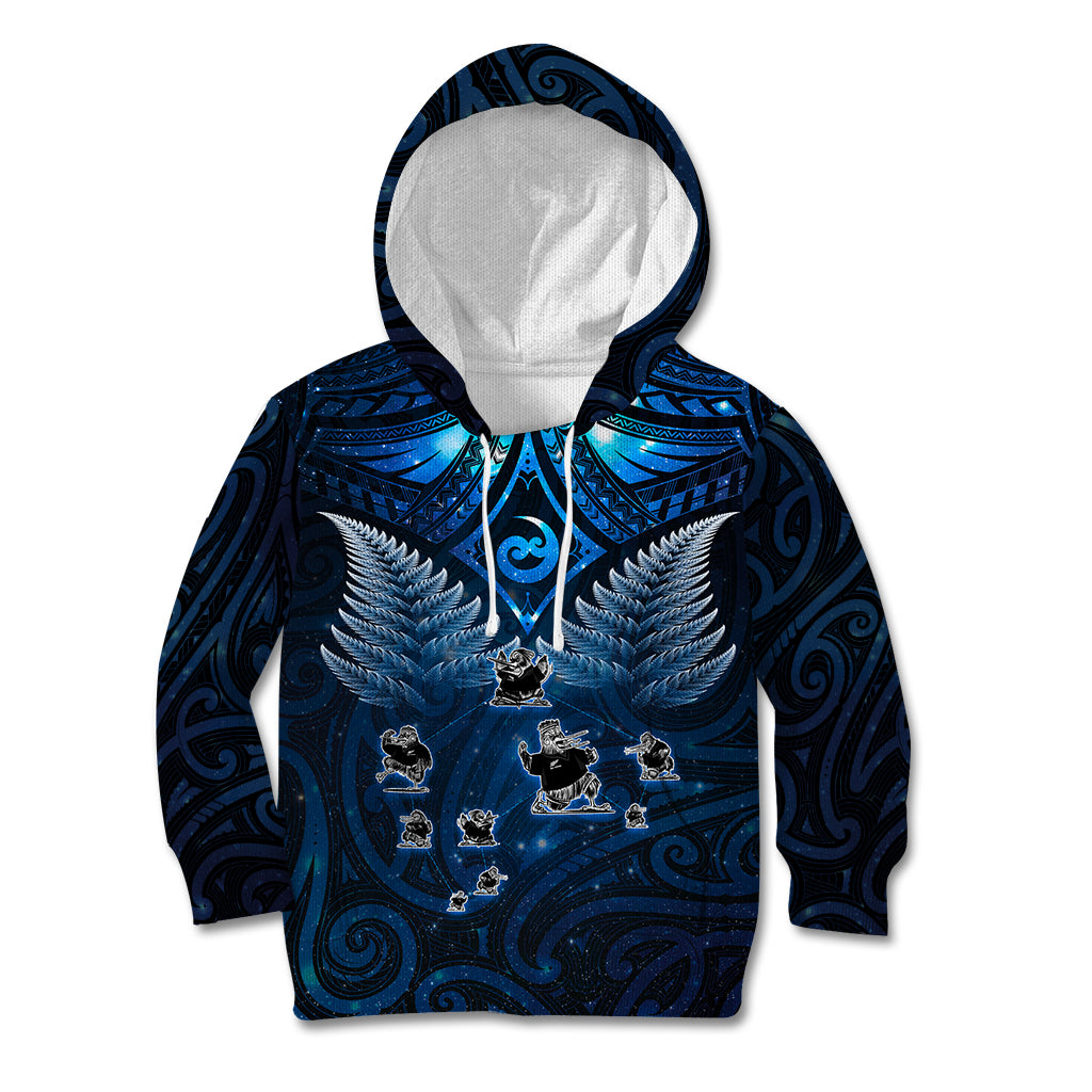 New Zealand Matariki Kid Hoodie Maori Pattern and Kiwi Bird Haka Dance Sky Night