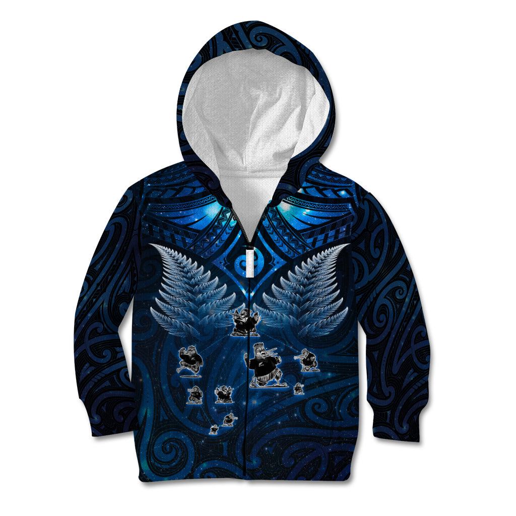 New Zealand Matariki Kid Hoodie Maori Pattern and Kiwi Bird Haka Dance Sky Night LT03 Zip Hoodie Blue - Polynesian Pride