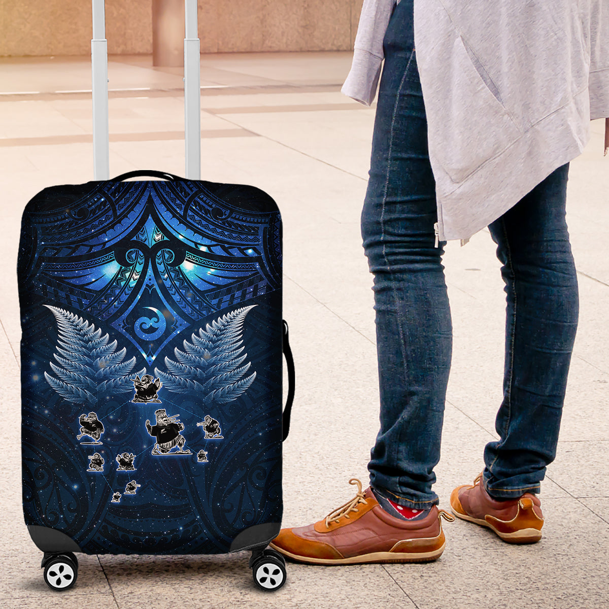 New Zealand Matariki Luggage Cover Maori Pattern and Kiwi Bird Haka Dance Sky Night