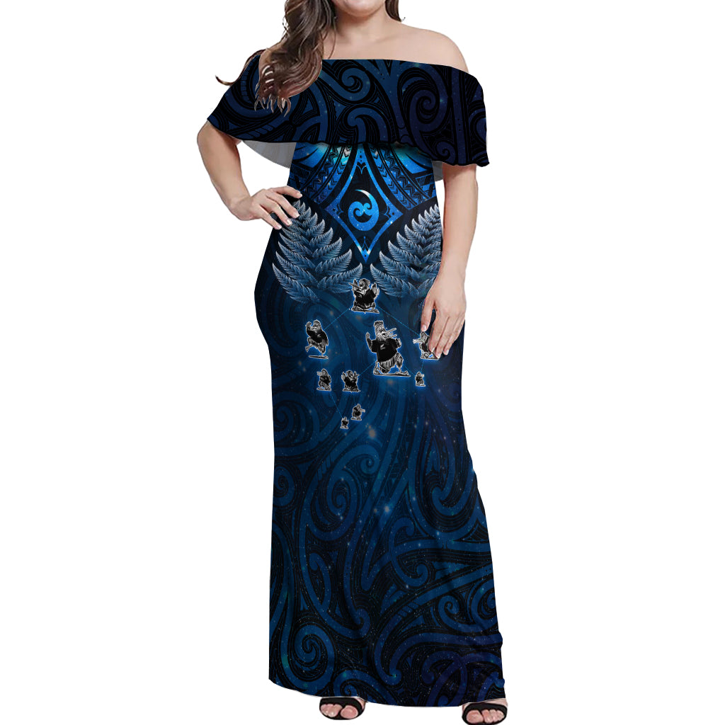 New Zealand Matariki Off Shoulder Maxi Dress Maori Pattern and Kiwi Bird Haka Dance Sky Night