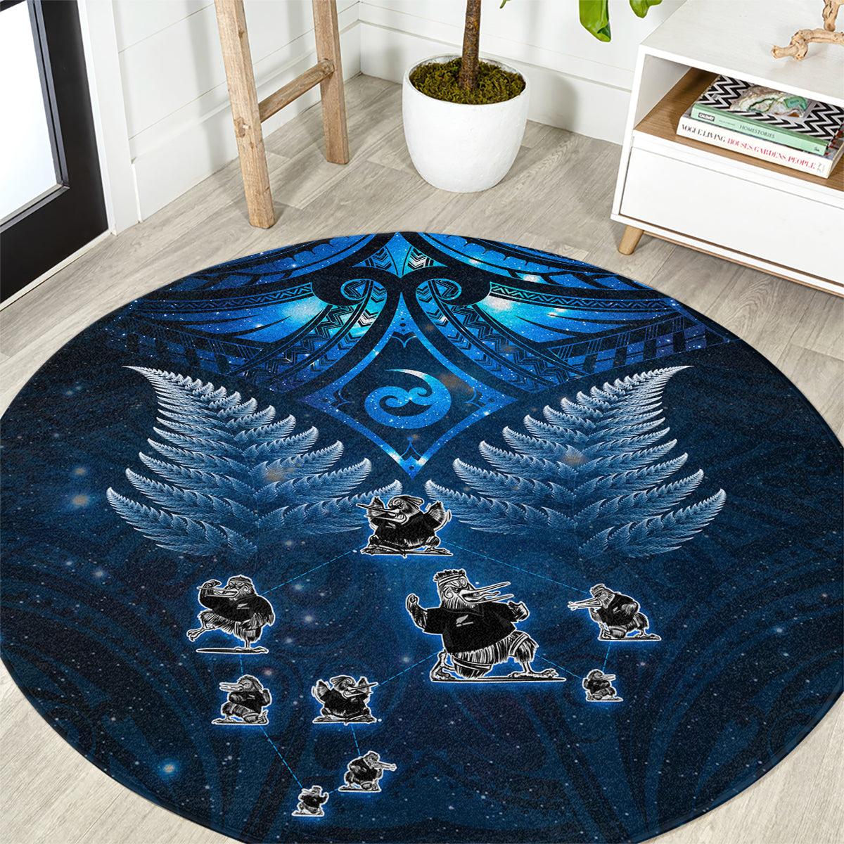 New Zealand Matariki Round Carpet Maori Pattern and Kiwi Bird Haka Dance Sky Night LT03 Blue - Polynesian Pride