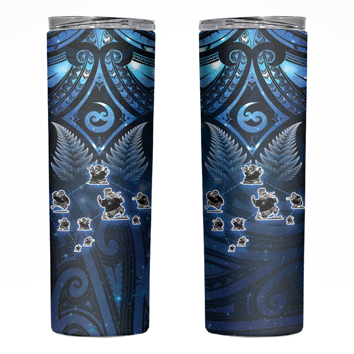 New Zealand Matariki Skinny Tumbler Maori Pattern and Kiwi Bird Haka Dance Sky Night