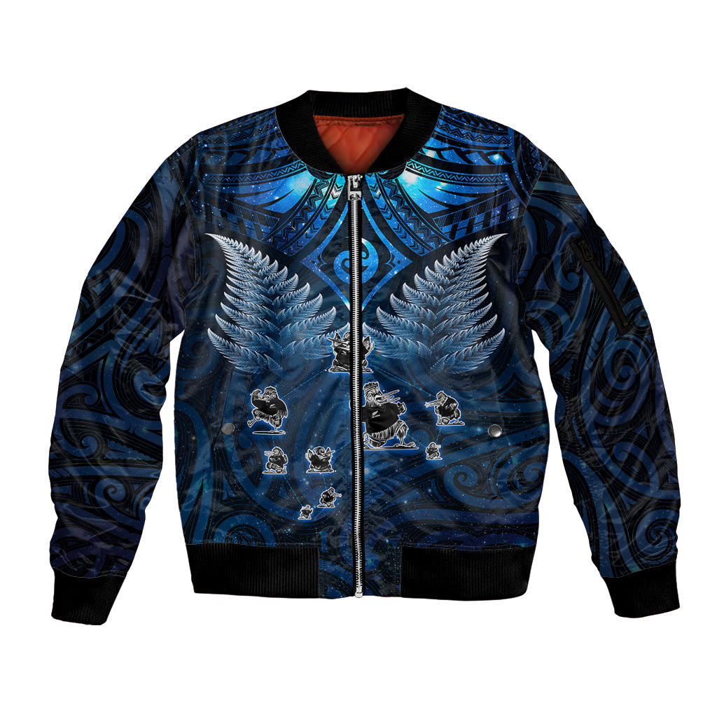 New Zealand Matariki Sleeve Zip Bomber Jacket Maori Pattern and Kiwi Bird Haka Dance Sky Night LT03 Unisex Blue - Polynesian Pride