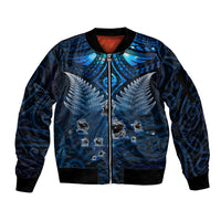New Zealand Matariki Sleeve Zip Bomber Jacket Maori Pattern and Kiwi Bird Haka Dance Sky Night LT03 Unisex Blue - Polynesian Pride