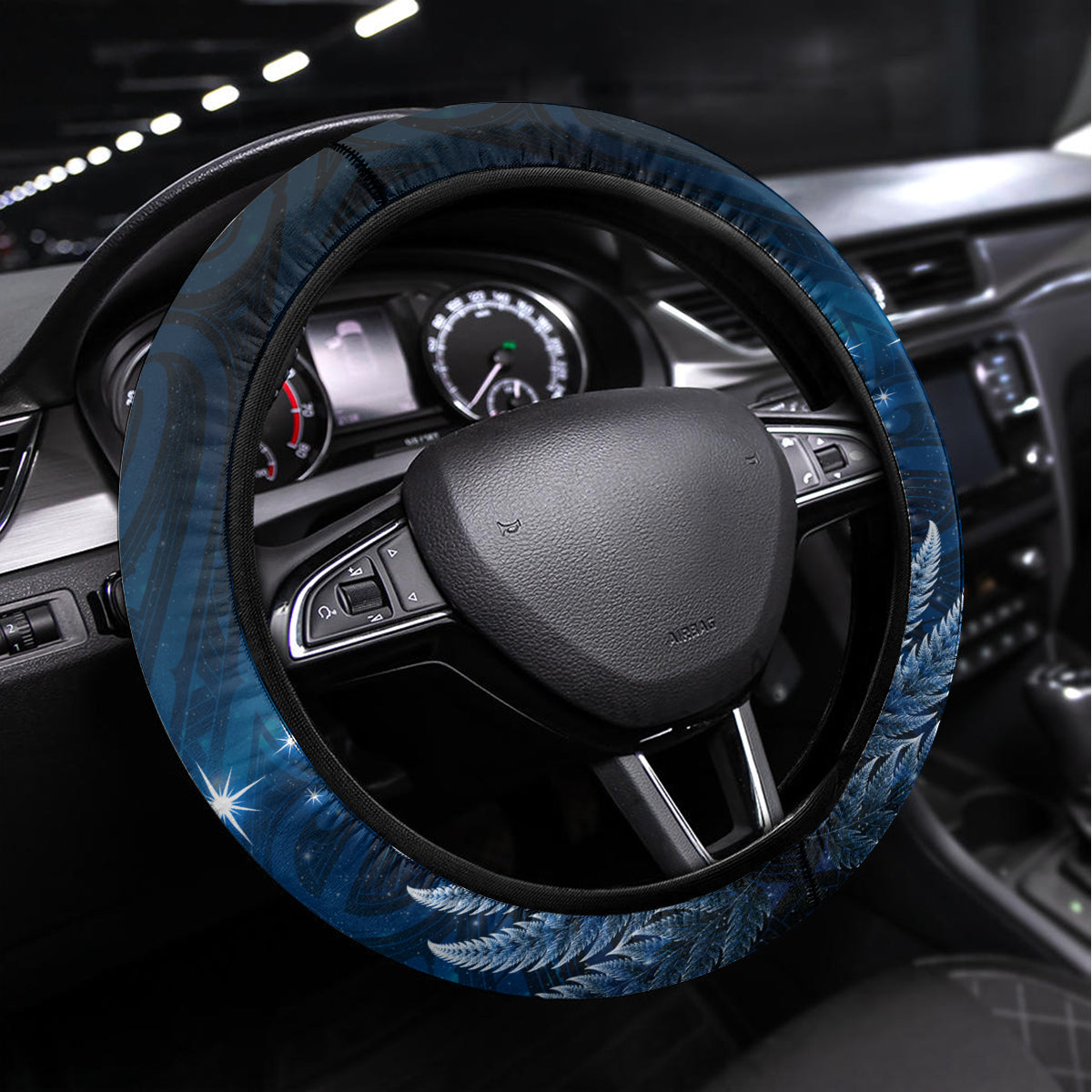 New Zealand Matariki Steering Wheel Cover Maori Pattern and Kiwi Bird Haka Dance Sky Night LT03 Universal Fit Blue - Polynesian Pride