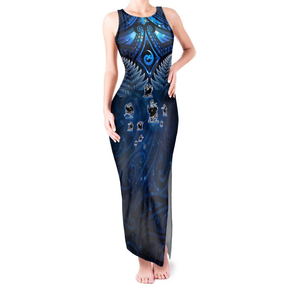 New Zealand Matariki Tank Maxi Dress Maori Pattern and Kiwi Bird Haka Dance Sky Night LT03 Women Blue - Polynesian Pride