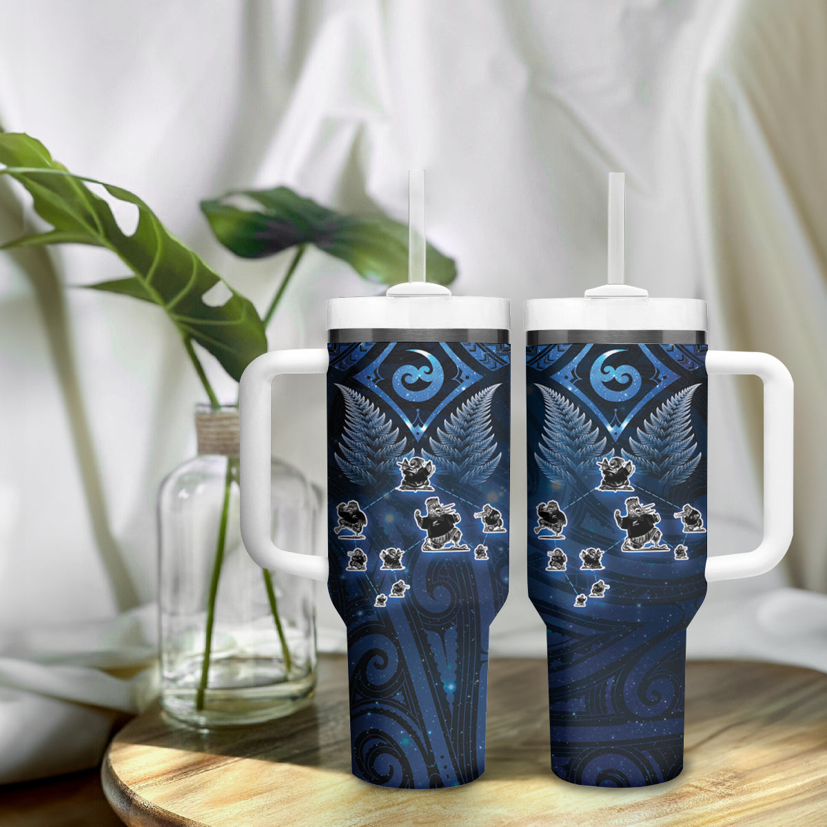New Zealand Matariki Tumbler With Handle Maori Pattern and Kiwi Bird Haka Dance Sky Night LT03 - Polynesian Pride